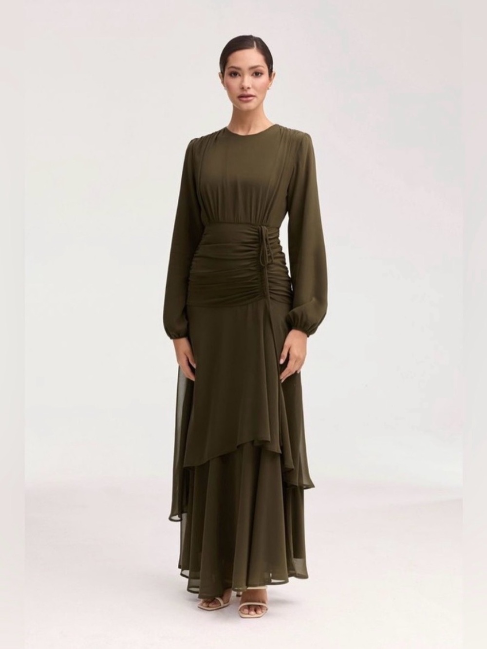 Veiled Olive Narjis Long-Sleeve Ruched Waist Maxi Dress